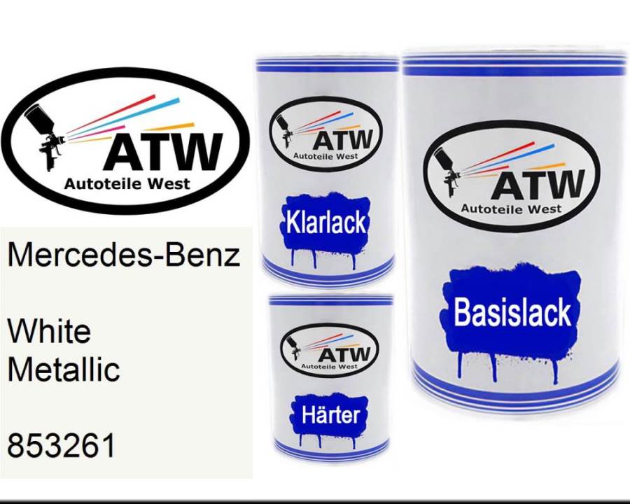 Mercedes-Benz, White Metallic, 853261: 500ml Lackdose + 500ml Klarlack + 250ml Härter - Set, von ATW Autoteile West.